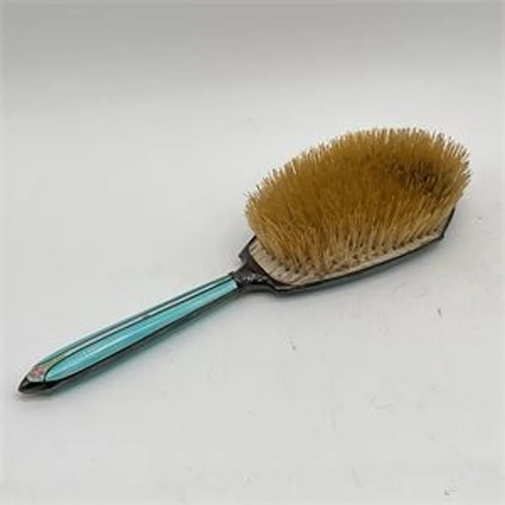 Foster & Bailey 1923 Guilloché Enamel & Sterling Silver Hair Brush & Crystal Jar